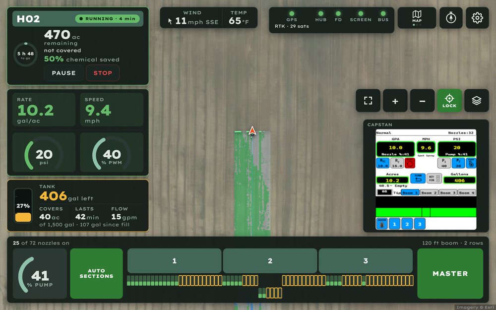 Sprayer console in night mode during spot spraying, with the coverage map and 72 individual nozzles.