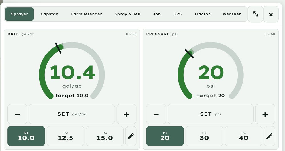 Sprayer panel with rate and pressure dials and three preset buttons for each.